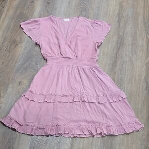 Altar'd State Mauve Pink Ruffle Tiered Mini Dress Smocked Waist Flutter Sleeve M
